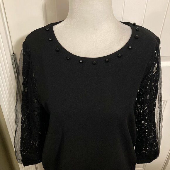 EMILY JOHN Black scoop neck shirt with mesh and lace sleeves ~ MEDIUM LARGE top - Picture 4 of 14